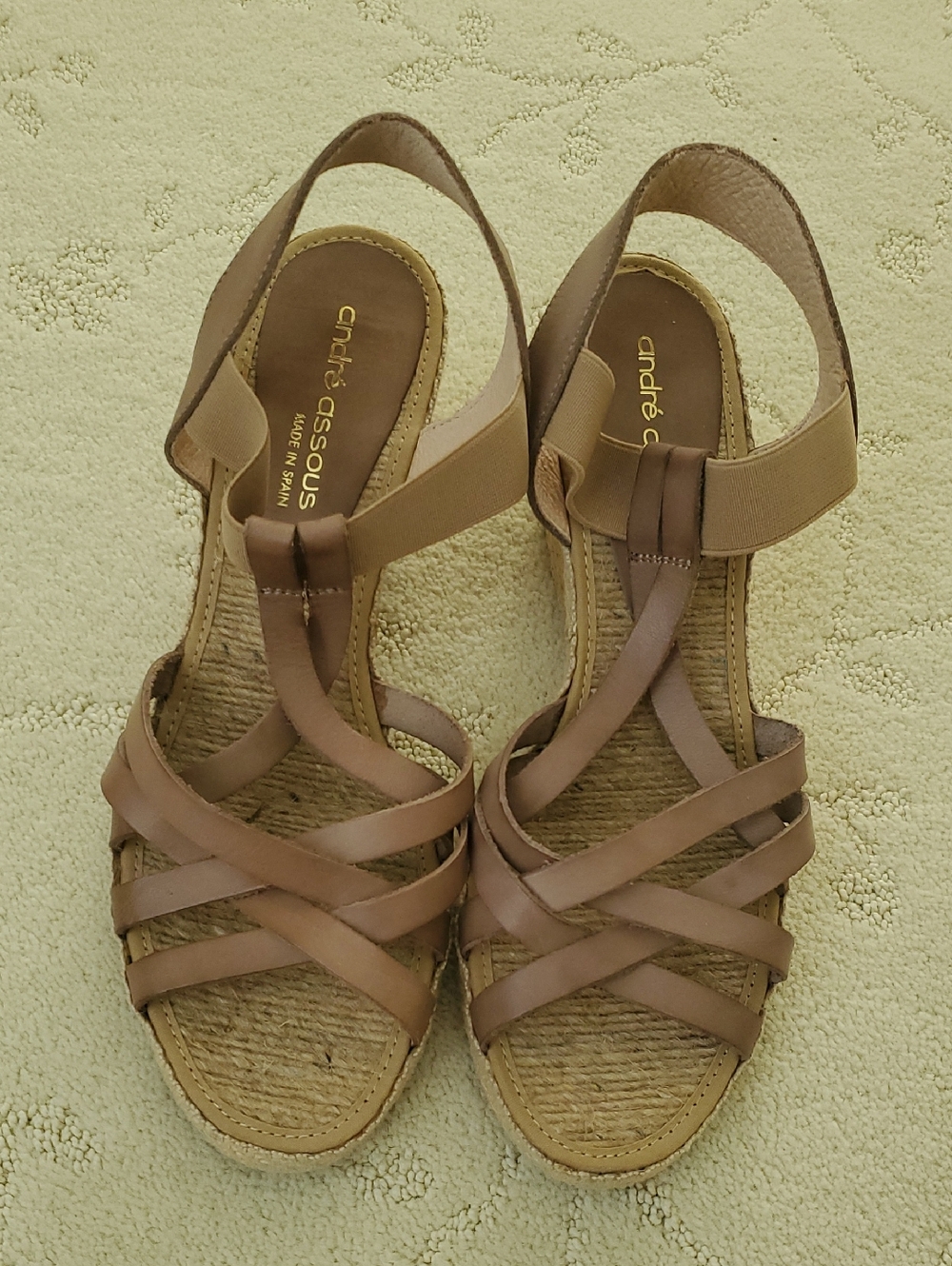 Andre Assous Taupe-Brown Leather Strappy Wedge Espadrille Sandals